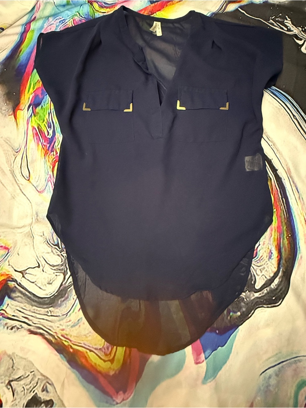 Navy Sheer Pocket Blouse with Gold Trim